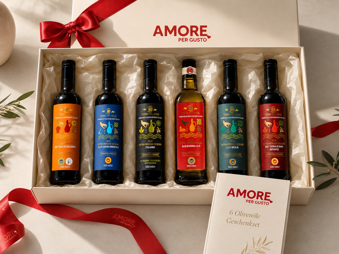 Terre del Sole Olivenöl-Geschenkset – sechs Flaschen mit roter Schleife und Booklet